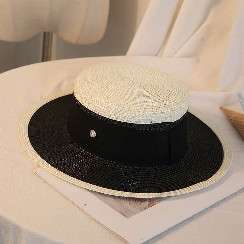 Summer Elegant Retro Women Flat Top Straw Hat Trip Caps Leisure Beach Sun Hats M Letter Breathable Flower Beach Hat - Mubimart