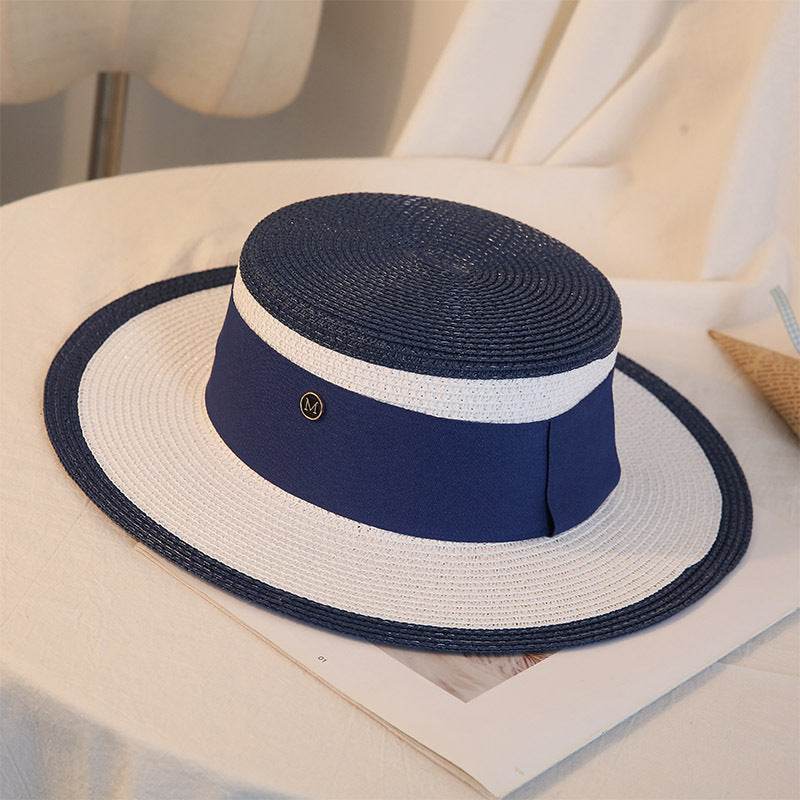 Summer Elegant Retro Women Flat Top Straw Hat Trip Caps Leisure Beach Sun Hats M Letter Breathable Flower Beach Hat - Mubimart
