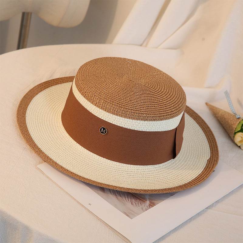 Summer Elegant Retro Women Flat Top Straw Hat Trip Caps Leisure Beach Sun Hats M Letter Breathable Flower Beach Hat - Mubimart