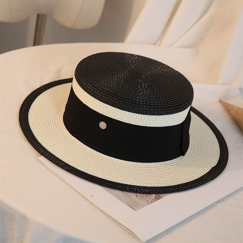 Summer Elegant Retro Women Flat Top Straw Hat Trip Caps Leisure Beach Sun Hats M Letter Breathable Flower Beach Hat - Mubimart