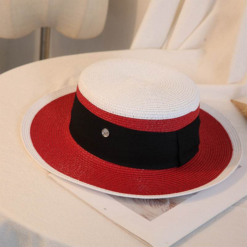 Summer Elegant Retro Women Flat Top Straw Hat Trip Caps Leisure Beach Sun Hats M Letter Breathable Flower Beach Hat - Mubimart