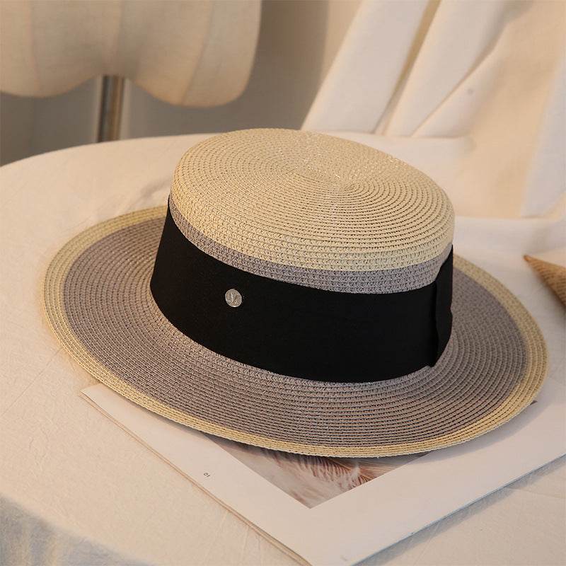 Summer Elegant Retro Women Flat Top Straw Hat Trip Caps Leisure Beach Sun Hats M Letter Breathable Flower Beach Hat - Mubimart