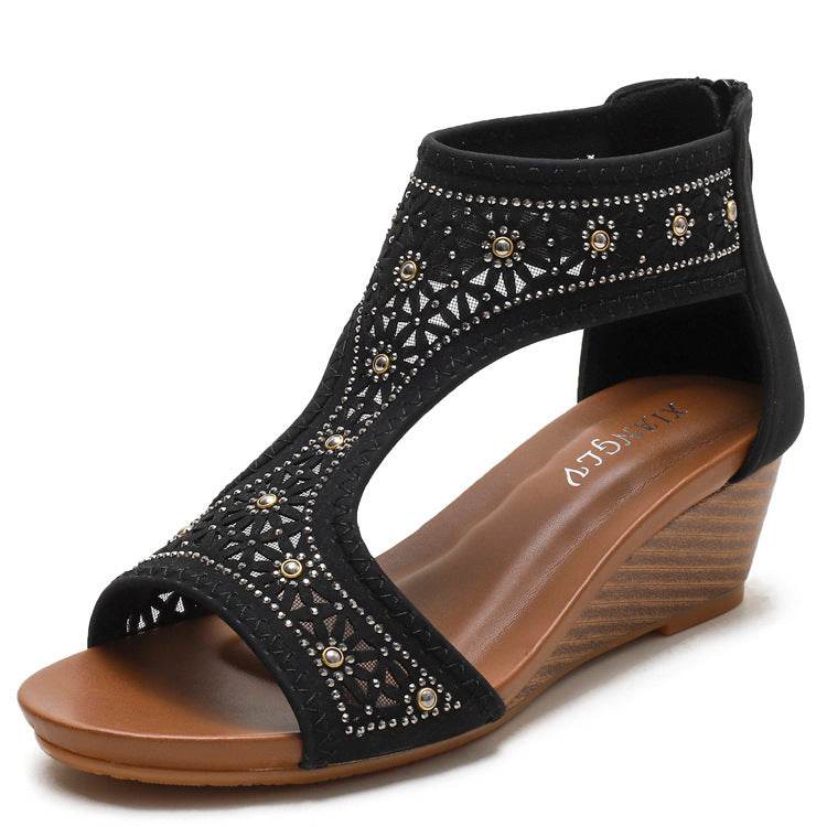 Bohemian Ladies Sandals, Summer New Style Wedge Heel Mid-Heel Mother Shoes, Comfortable Wedge Heel Women - Mubimart