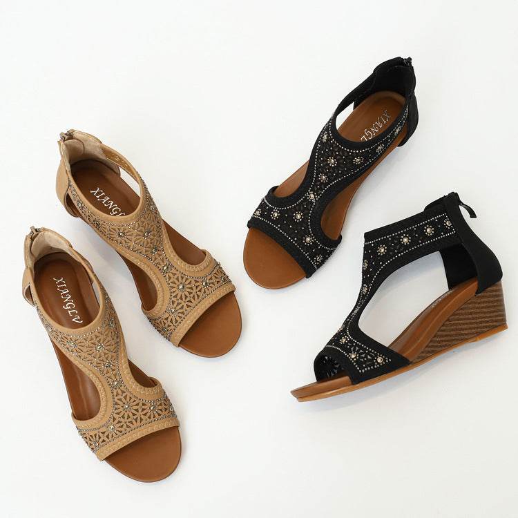 Bohemian Ladies Sandals, Summer New Style Wedge Heel Mid-Heel Mother Shoes, Comfortable Wedge Heel Women - Mubimart