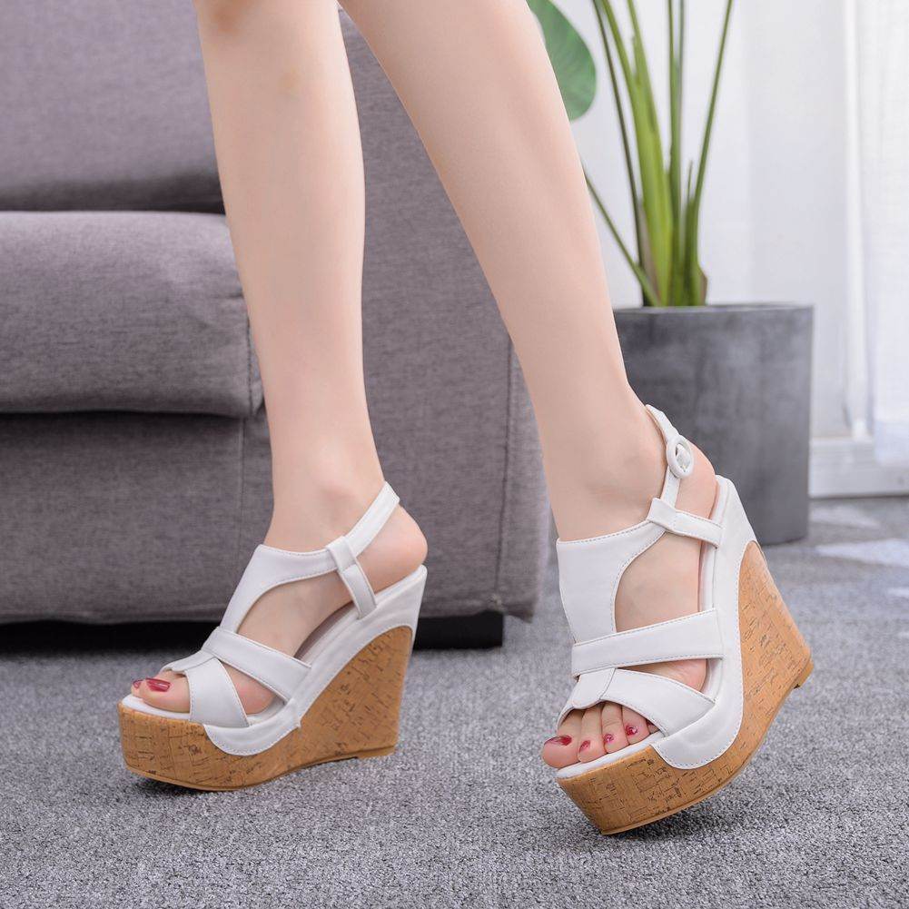 Foreign Trade Large Size 12 Cm Wedge Heel Waterproof Platform Hollow Sandals Thick Bottom Wedge Heel High Heels Women Foreign Trade Wedge Heel Sandals - Mubimart