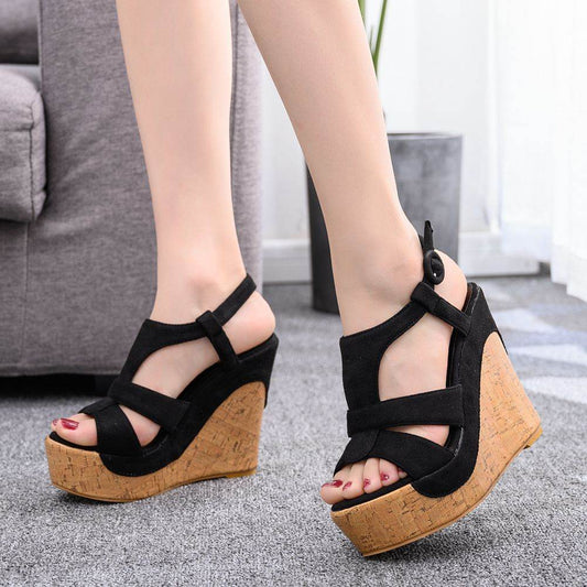 Foreign Trade Large Size 12 Cm Wedge Heel Waterproof Platform Hollow Sandals Thick Bottom Wedge Heel High Heels Women Foreign Trade Wedge Heel Sandals - Mubimart