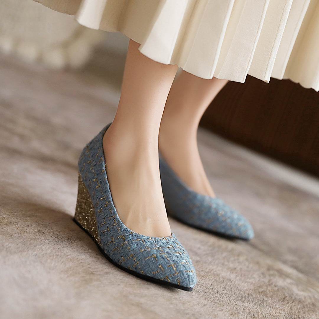 Wedge Heel Shiny Cloth Plaid Simple Fashion High Heels - Mubimart