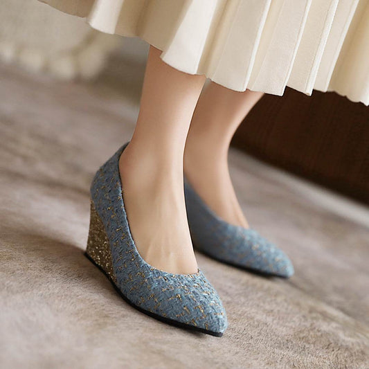 Wedge Heel Shiny Cloth Plaid Simple Fashion High Heels - Mubimart