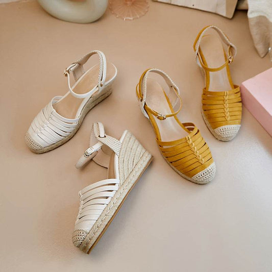 Platform Straw Woven Wedge Cream White Toe Cap Sandals Flat High Heels - Mubimart