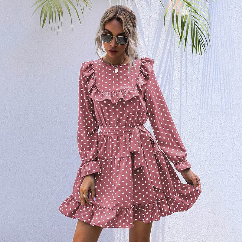 Autumn And Winter Dress Long-sleeved Polka Dot Ruffled Lace-up Skirt - Mubimart