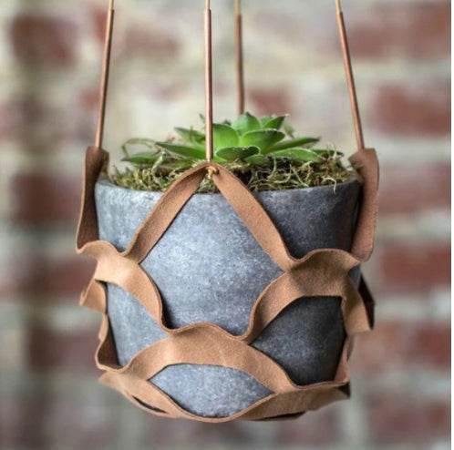 Leather Hanger Basket Macrame Wall Hanging Planter Shelf Decorative Flower Pot Holder Boho Home Decor for Small Plants - Mubimart