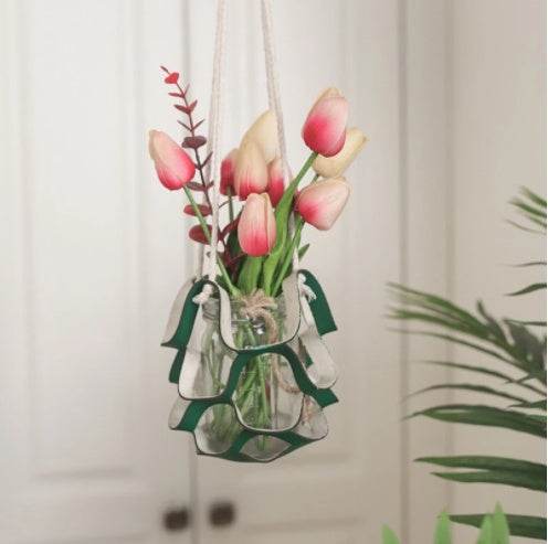 Leather Hanger Basket Macrame Wall Hanging Planter Shelf Decorative Flower Pot Holder Boho Home Decor for Small Plants - Mubimart