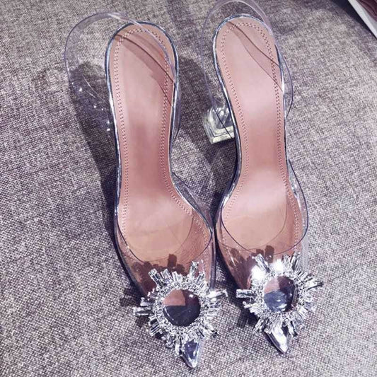 Women Pumps Elegant Pointed Toe Rhinestones High Heels Wedding Shoes Crystal Clear Heeled Slingback Pumps Sandals Sexy Heels - Mubimart