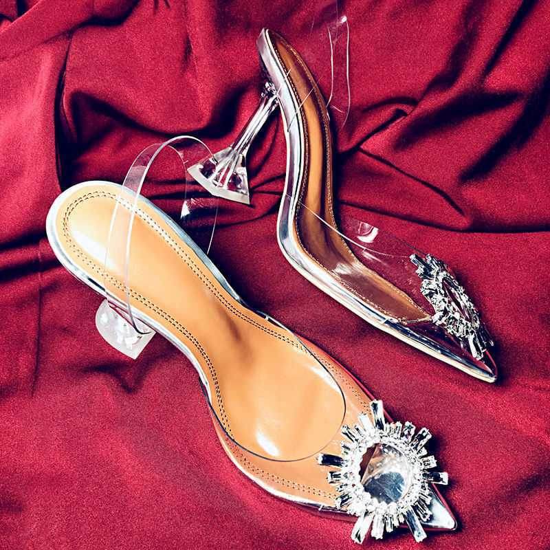 Women Pumps Elegant Pointed Toe Rhinestones High Heels Wedding Shoes Crystal Clear Heeled Slingback Pumps Sandals Sexy Heels - Mubimart