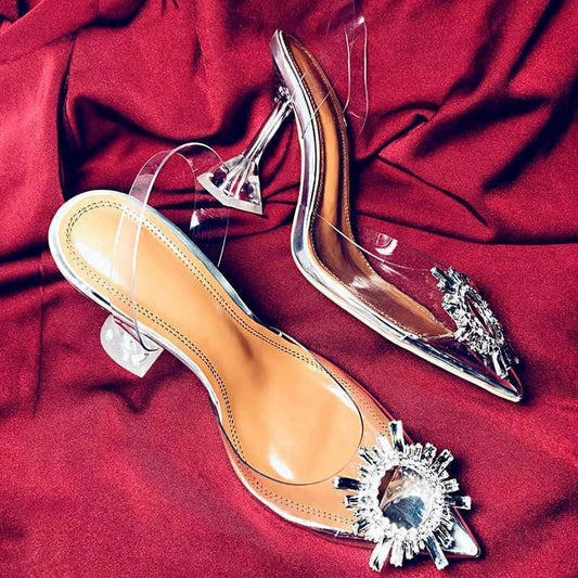 Women Pumps Elegant Pointed Toe Rhinestones High Heels Wedding Shoes Crystal Clear Heeled Slingback Pumps Sandals Sexy Heels - Mubimart