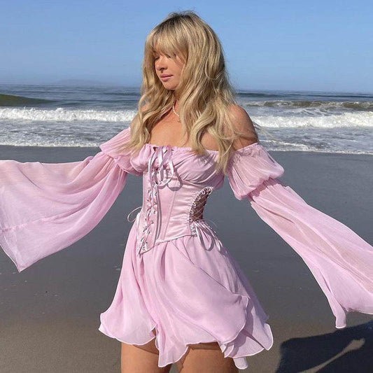 Chiffon Summer Dress Pink Bandage Corset Casual - Mubimart