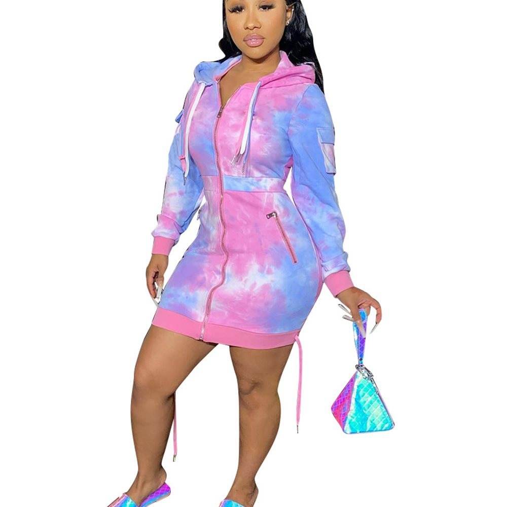 Tie Dye Print Hooded Zipper Women Dress Hoodies Sweatshirts - Mubimart