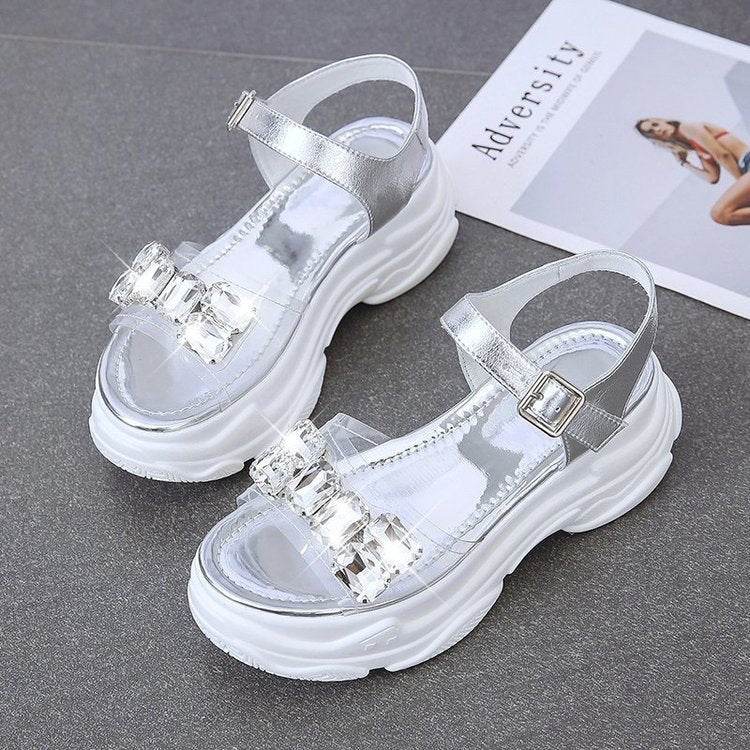 Jewelry Wedge Heel Transparent Rhinestones Sandals - Mubimart