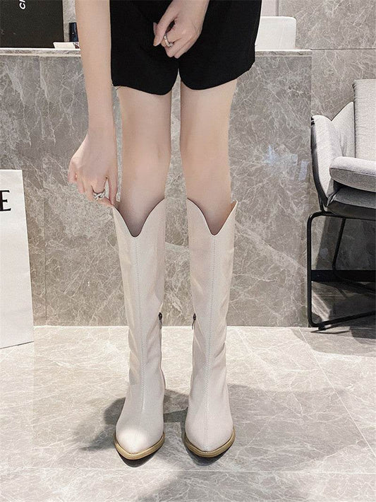 Cowboy Boots Women Retro Long Boots Pointed Toe - Mubimart