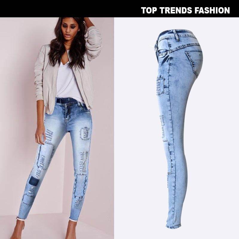 Summer Style Low Waist Sky Blue Patchwork Skinny Tights Women Pencil Jeans High Stretch Sexy Push Up Denim Women Fashion Jeans - Mubimart