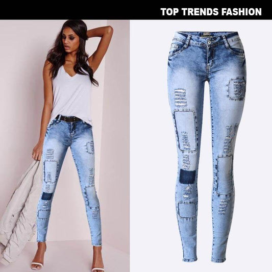 Summer Style Low Waist Sky Blue Patchwork Skinny Tights Women Pencil Jeans High Stretch Sexy Push Up Denim Women Fashion Jeans - Mubimart