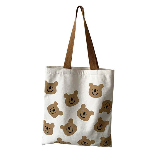 New Canvas Shoulder Shopper Bag for Women Girl Cartoon Bear White Female Handbags Cloth Shopping Bags Ladies Tote Beach Bag - Mubimart