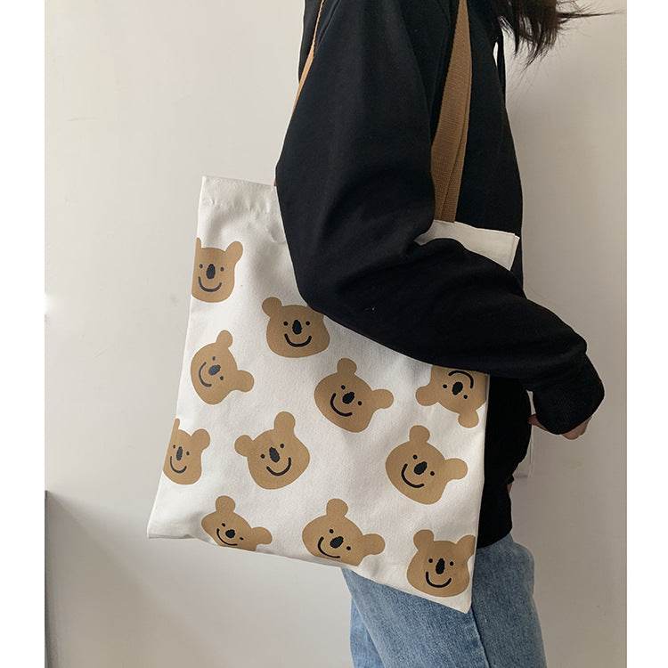 New Canvas Shoulder Shopper Bag for Women Girl Cartoon Bear White Female Handbags Cloth Shopping Bags Ladies Tote Beach Bag - Mubimart