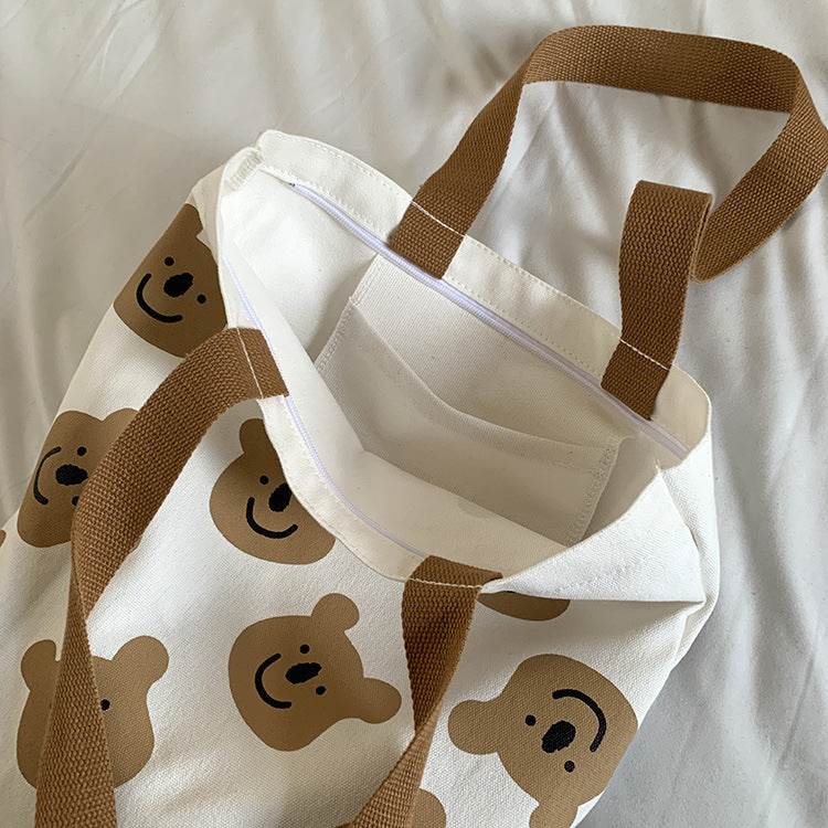 New Canvas Shoulder Shopper Bag for Women Girl Cartoon Bear White Female Handbags Cloth Shopping Bags Ladies Tote Beach Bag - Mubimart