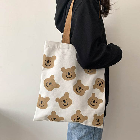 New Canvas Shoulder Shopper Bag for Women Girl Cartoon Bear White Female Handbags Cloth Shopping Bags Ladies Tote Beach Bag - Mubimart