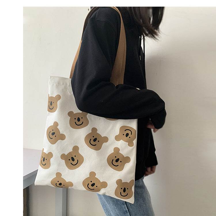 New Canvas Shoulder Shopper Bag for Women Girl Cartoon Bear White Female Handbags Cloth Shopping Bags Ladies Tote Beach Bag - Mubimart