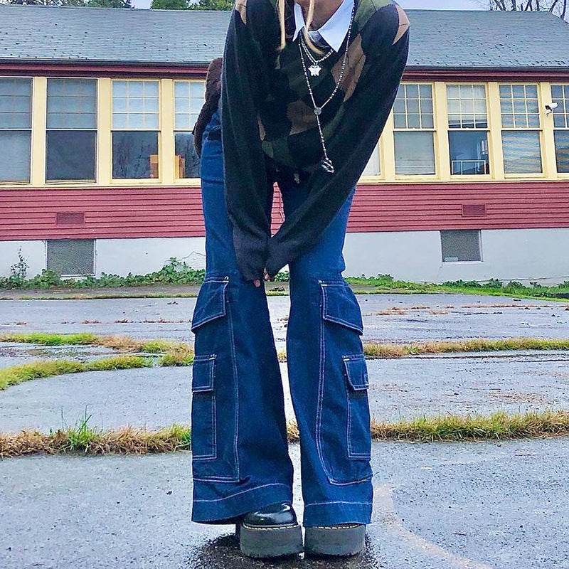 Women's High-waist Casual Trousers With Pocket Drape Bootcut Jeans - Mubimart