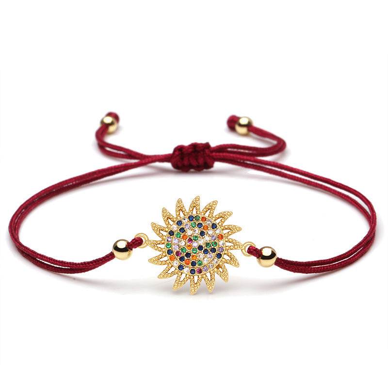 Shiny Multicolor Cubic Zirconia Copper Sun Charm Bracelet Women Girl Classic Trendy CZ Adjustable Chic Red Grey String Jewelry - Mubimart