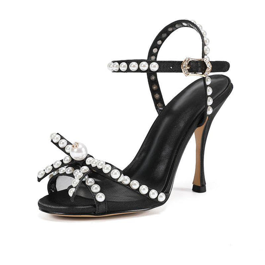 Amazon Hot Sale Pearl Sandals Fashion Bow Stilettos Temperament Buckle Dinner High Heels - Mubimart