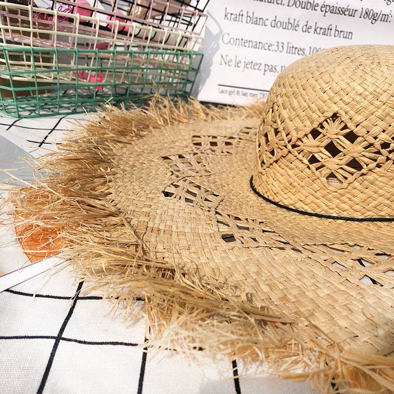 Women Summer Natural Raffia Straw Hat Girl Fashion Ribbon Floppy Shading Panama Wide Brim Sun Hats Vacation Travel Beach Hat - Mubimart