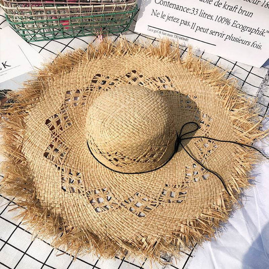 Women Summer Natural Raffia Straw Hat Girl Fashion Ribbon Floppy Shading Panama Wide Brim Sun Hats Vacation Travel Beach Hat - Mubimart