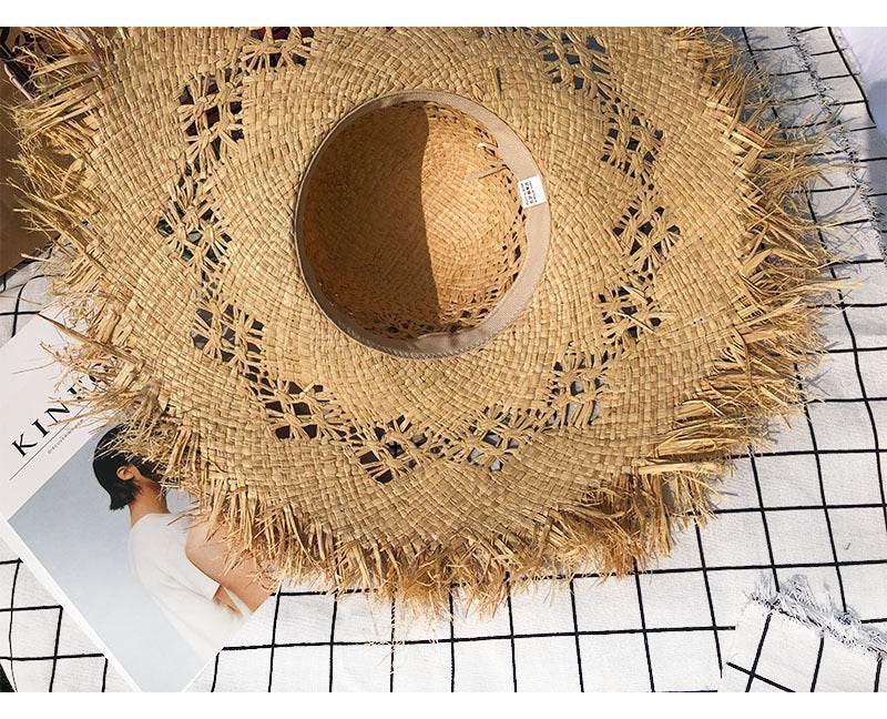 Women Summer Natural Raffia Straw Hat Girl Fashion Ribbon Floppy Shading Panama Wide Brim Sun Hats Vacation Travel Beach Hat - Mubimart