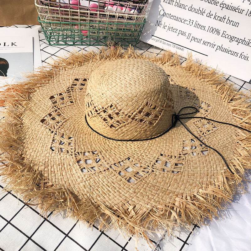 Women Summer Natural Raffia Straw Hat Girl Fashion Ribbon Floppy Shading Panama Wide Brim Sun Hats Vacation Travel Beach Hat - Mubimart