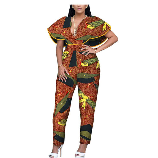 African Ethnic Printing Batik Cotton Plus Size Fashion Jumpsuit - Mubimart