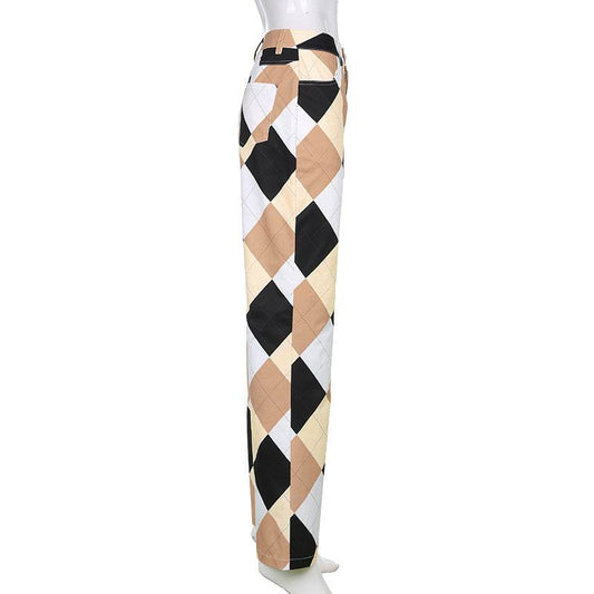 Plaid Multi Color Block Cargo Pants Women Vintage Trousers - Mubimart