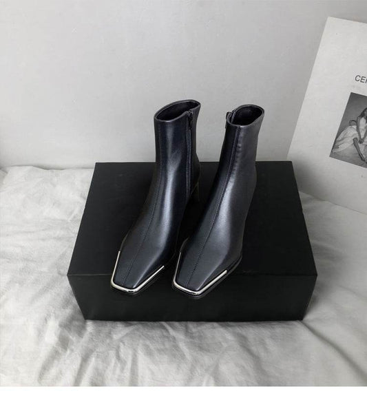 All-leather Square-Toe Zipper Thick Heel Single Boot Ankle Boots - Mubimart