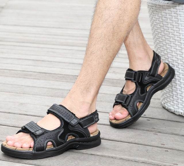 Men'S Sandals Leather Toe Platform Top Layer Cowhide Outdoor Casual Sandals - Mubimart