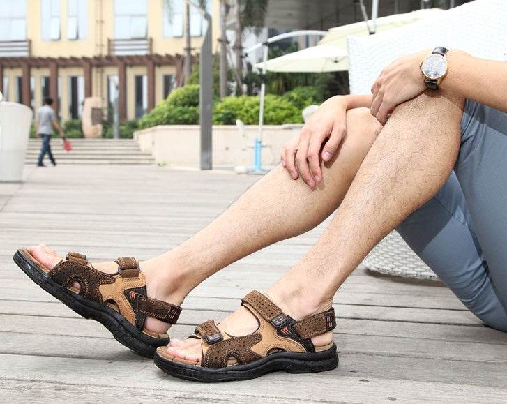 Men'S Sandals Leather Toe Platform Top Layer Cowhide Outdoor Casual Sandals - Mubimart