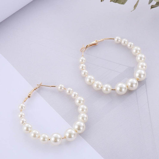Women Elegant White Pearls Round Hoop Earrings Girl - Mubimart