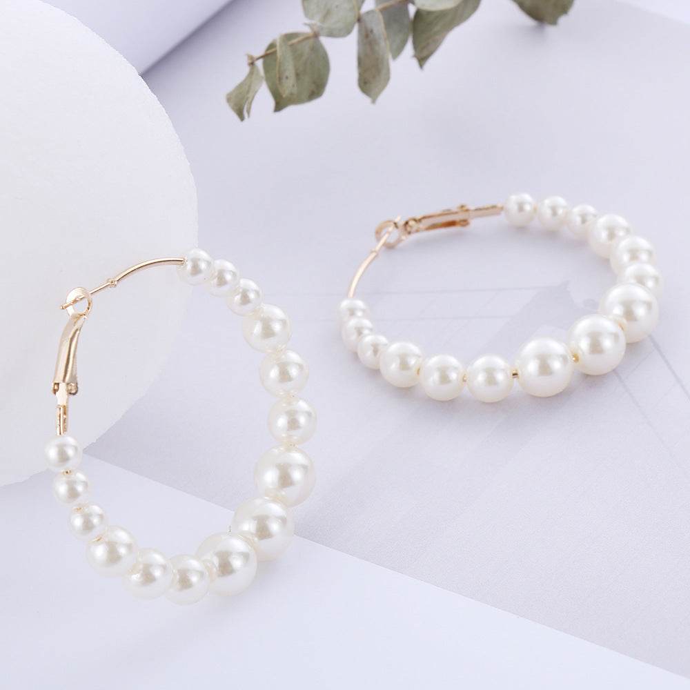 Women Elegant White Pearls Round Hoop Earrings Girl - Mubimart