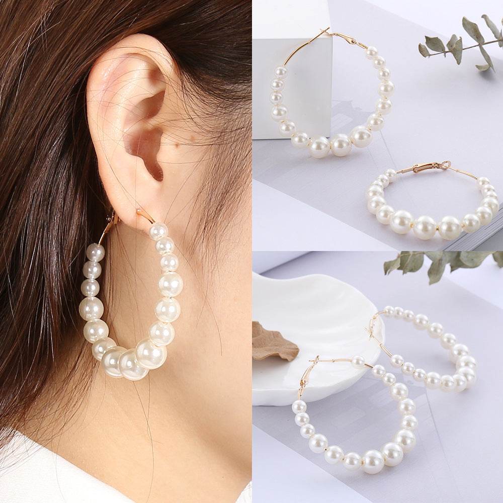 Women Elegant White Pearls Round Hoop Earrings Girl - Mubimart