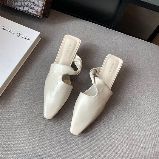 Fashion Pointed Toe Slippers Women Slip On Mules Med Heels - Mubimart