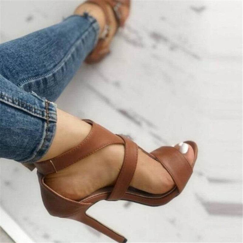 Summer Gladiator Stilettos Leather Peep Toe Ankle Buckle Strap - Mubimart