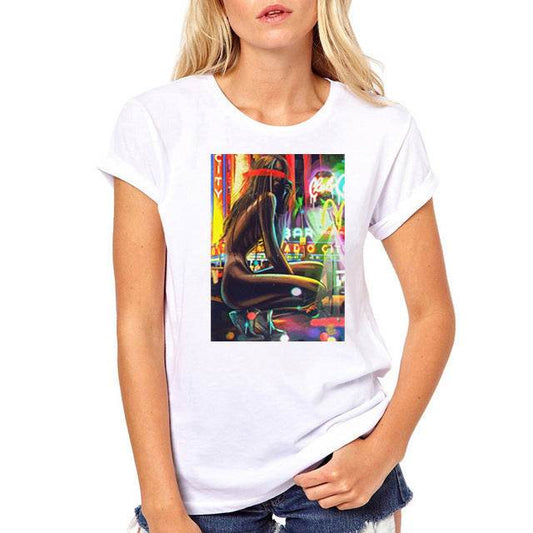 Fixsys Women T Shirt Print Tee Shirt O-Neck Tops Tees Summe - Mubimart