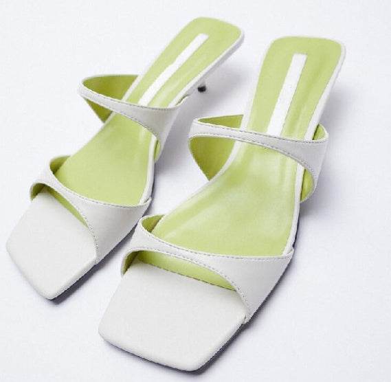 Designer Shoes New White Kitten Heel Women Slipper Square Toe Fashion Ourdoor Fairy Sandals Slippers - Mubimart