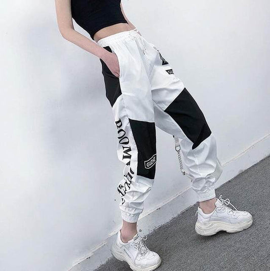 High Waist Letter Spliced Cargo Pants Women Loose Harajuku - Mubimart